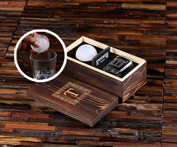 Whiskey Rocks Glass, Ice Ball & Coaster with Engraved Box
