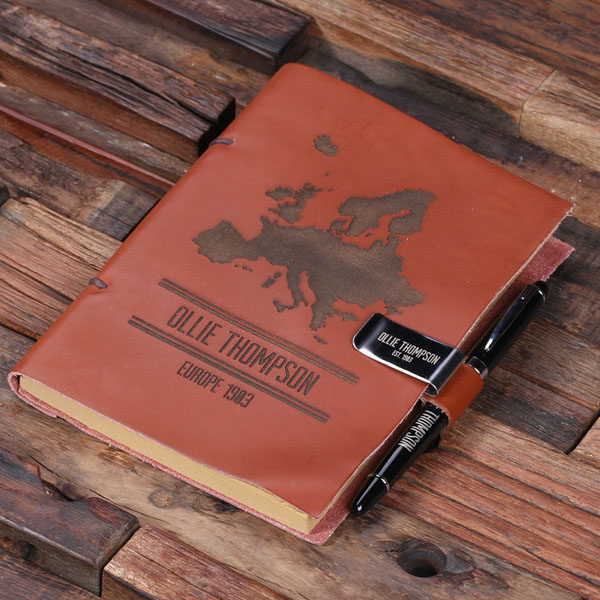Custom Leather Diary Sketchbook Set with Pen & Pen Holder Map Print T-025311