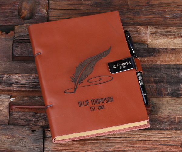 Custom Leather Diary Sketchbook Set with Pen & Pen Holder Quill Print T-025311