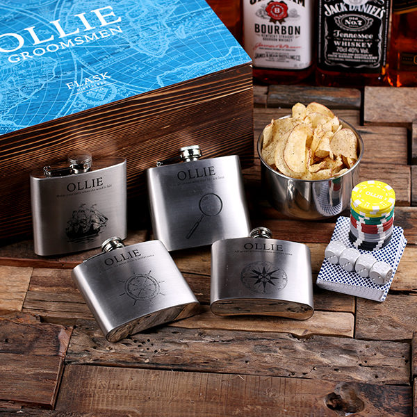 Deluxe Personalized Flasks & Poker Chips Gambling Gift Set T-025348