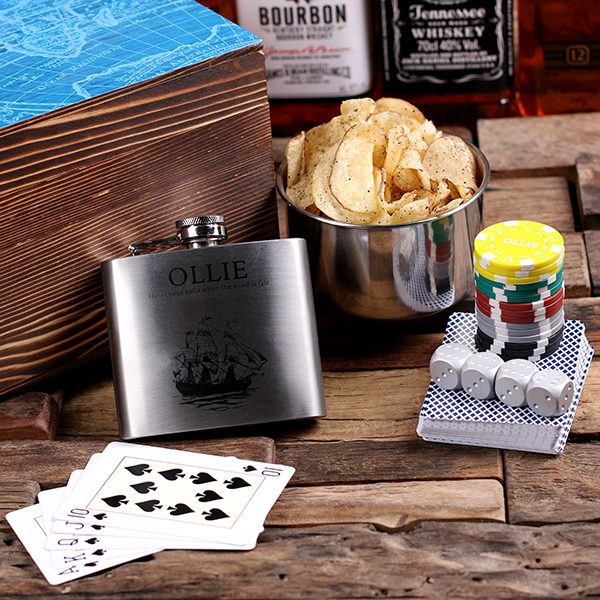 Deluxe Personalized Flasks & Poker Chips Gambling Gift Set T-025348