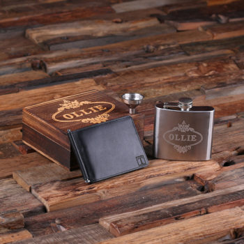 Groomsmen Engraved Wallet, Money Clip & Steel Whiskey Flask T-025329