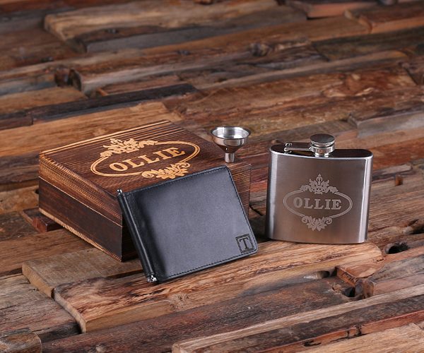 Groomsmen Engraved Wallet, Money Clip & Steel Whiskey Flask T-025329