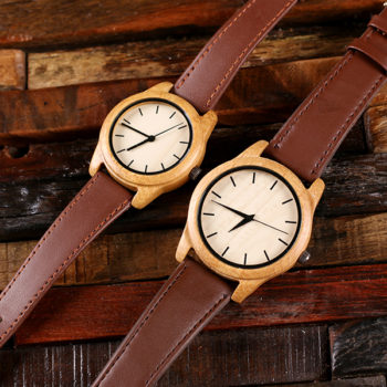 His & Hers Personalized Bamboo Watch with Leather Straps T-025403
