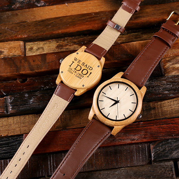 His & Hers Personalized Bamboo Watch with Leather Straps T-025403
