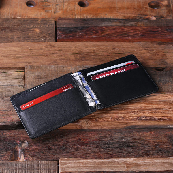 Men’s Personalized Leather Bi-fold Money Clip Travel Wallet Card Holders