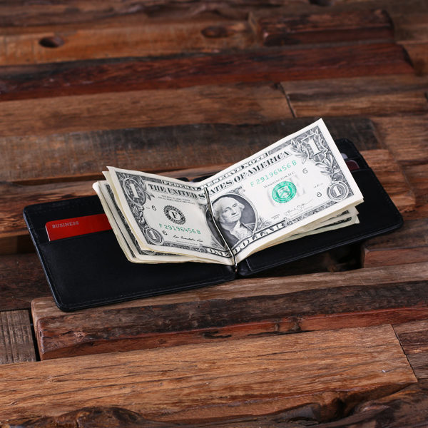 Men’s Personalized Leather Bi-fold Money Clip Travel Wallet & Card Holders