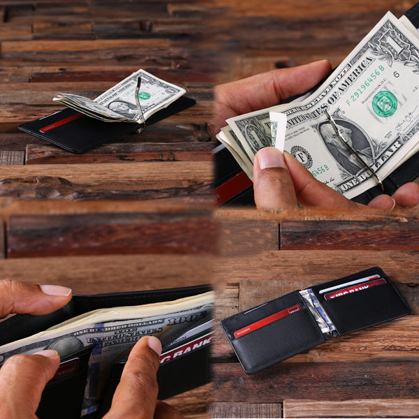 Men’s Personalized Leather Bi-fold Money Clip & Travel Wallet Images
