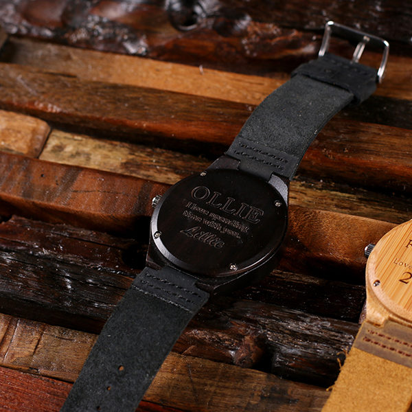 Onyx Personalized Bamboo Watch with Leather Straps T-025401-NB