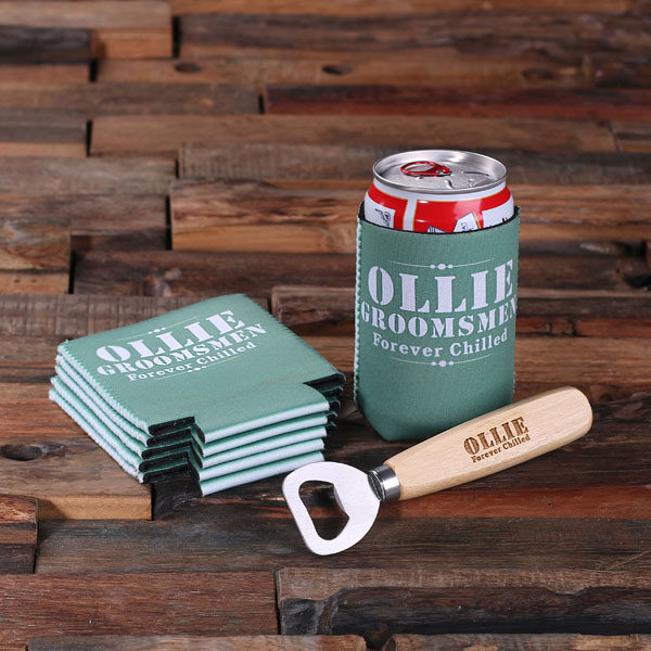 Personalized Beer Can Holder in Green with Wooden Beer Bottle Opener T-025307