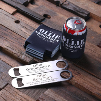 Personalized Beer Can Holders in Black with Steel Bottle Opener