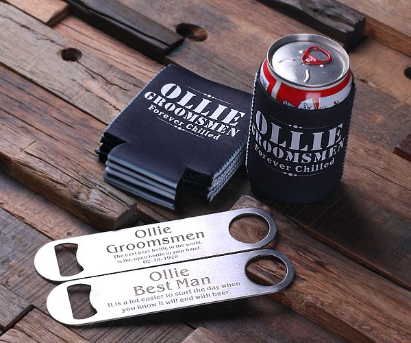 Personalized Beer Can Holders in Black with Steel Bottle Opener