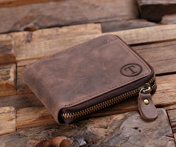 Personalized Brown Zip Leather Wallet with Snap Coin Pouch