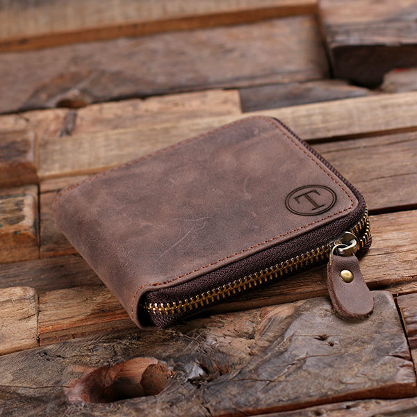 Personalized Brown Zip Leather Wallet with Snap Coin Pouch