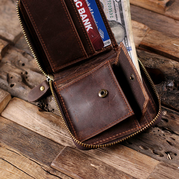 Personalized Brown Zip Leather Wallet with Snap Coin Pouch