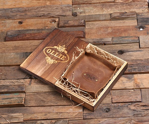 Personalized Collapsible Leather Valet Tray Coin Holder & Box