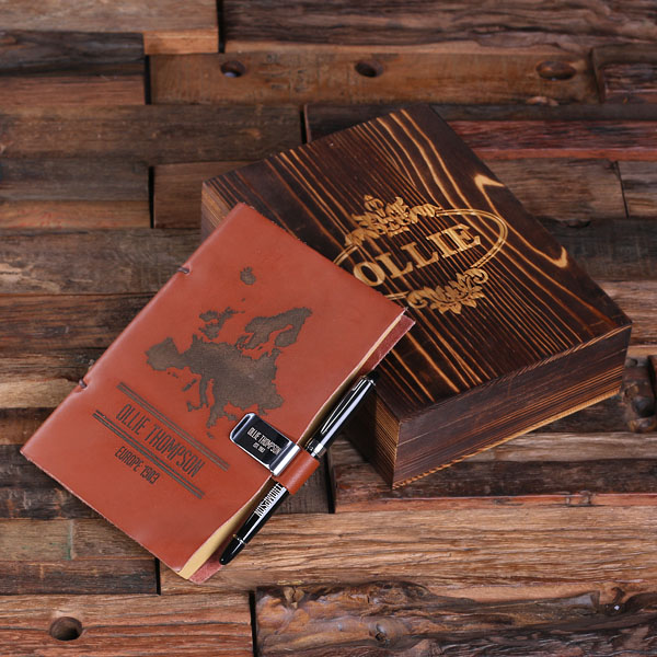 Personalized Leather Diary Sketchbook with Pen & Pen Holder Map Print T-025309 Personalized Leather Diary Sketchbook with Pen & Pen Holder Map Print