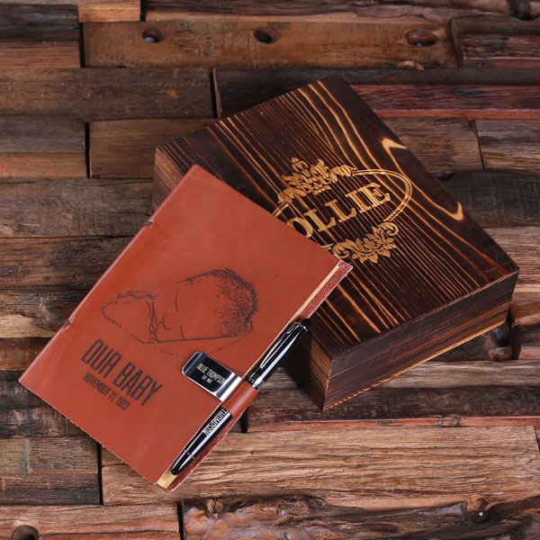 Personalized Leather Diary Sketchbook with Pen & Pen Holder Newborn Print T-025309 Personalized Leather Diary Sketchbook with Pen & Pen Holder Newborn Print