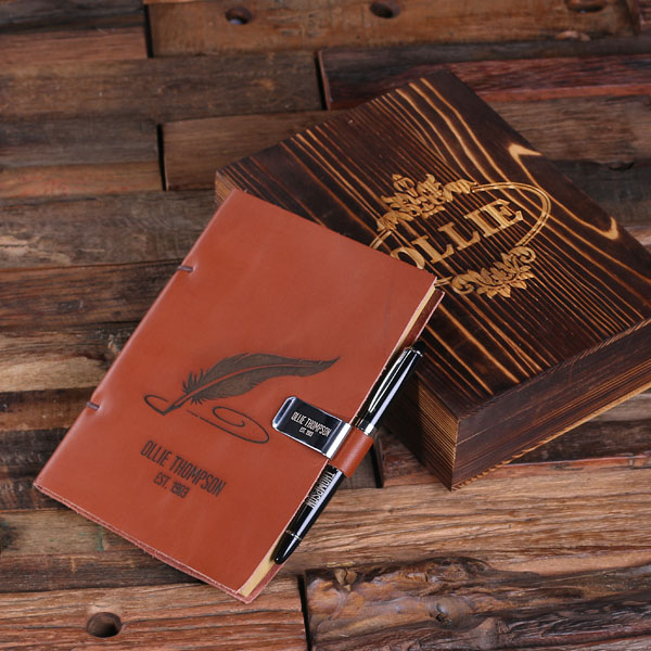 Personalized Leather Diary Sketchbook with Pen & Pen Holder Quill Print T-025309 Personalized Leather Diary Sketchbook with Pen & Pen Holder Quill Print T-025309