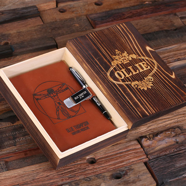 Personalized Leather Diary Sketchbook with Pen & Pen Holder Vitruvian Man Print T-025309 in Box Personalized Leather Diary Sketchbook with Pen & Pen Holder Vitruvian Man Print in Box