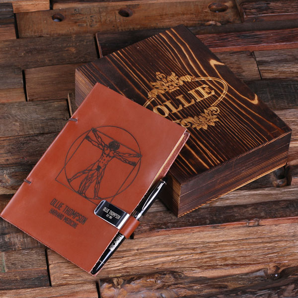 Personalized Leather Diary Sketchbook with Pen & Pen Holder Vitruvian Man Print Personalized Leather Diary Sketchbook with Pen & Pen Holder Vitruvian Man Print