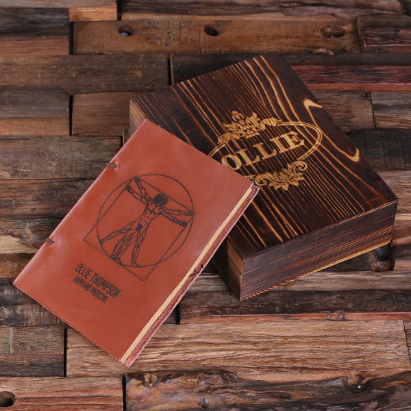 Personalized Leather Sketchbook Diary & Keepsake Box Vitruvian Man Print T-025310