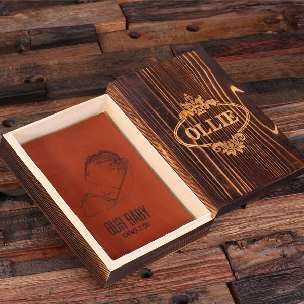 Personalized Leather Sketchbook Diary in Keepsake Box Newborn Print T-025310
