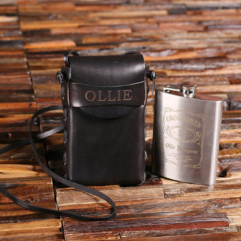 Personalized Metal Flask & Black Leather Carrying Pouch