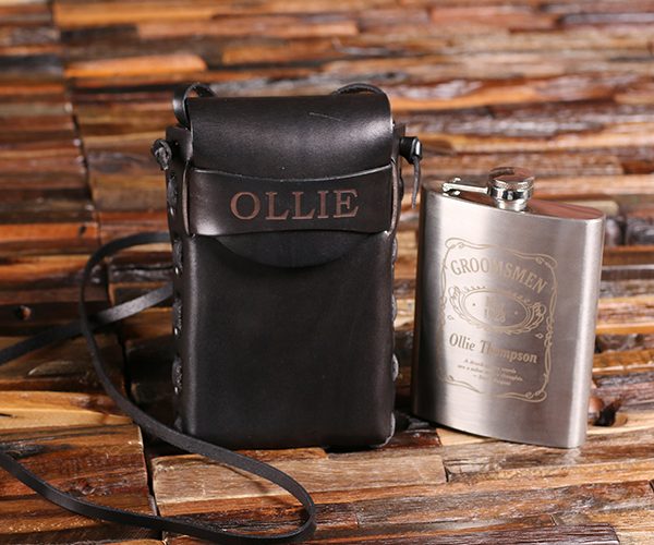 Personalized Metal Flask & Black Leather Carrying Pouch