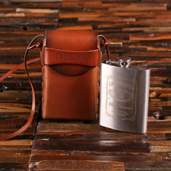 Personalized Metal Flask & Brown Leather Carrying Pouch