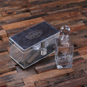 Personalized Round Stopper Whiskey Decanter & Tin Lock Box with Image Design T-025297