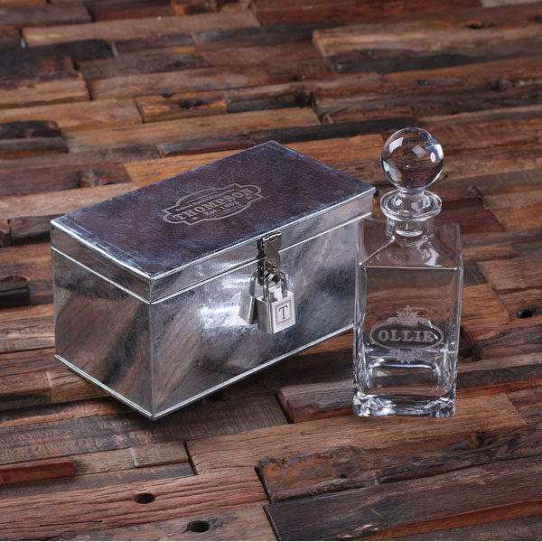 Personalized Round Stopper Whiskey Decanter & Tin Lock Box with Text Design T-025297