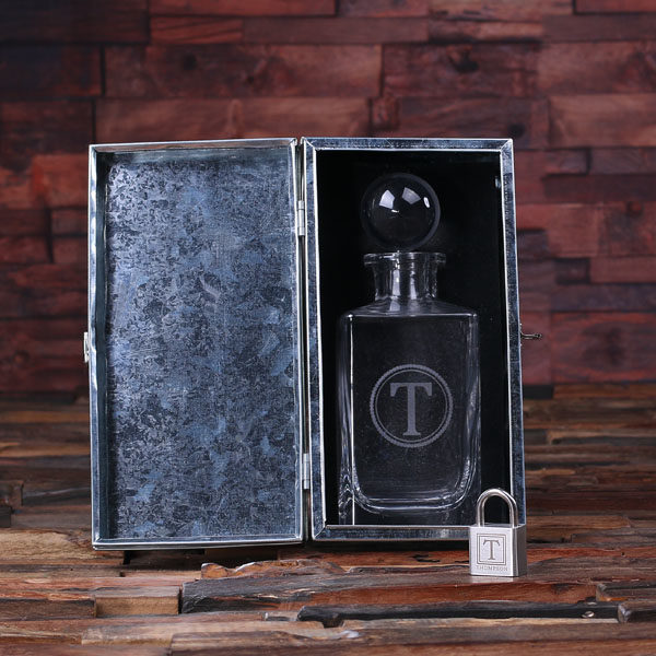Personalized Round Stopper Whiskey Decanter in Tin Lock Box T-025297
