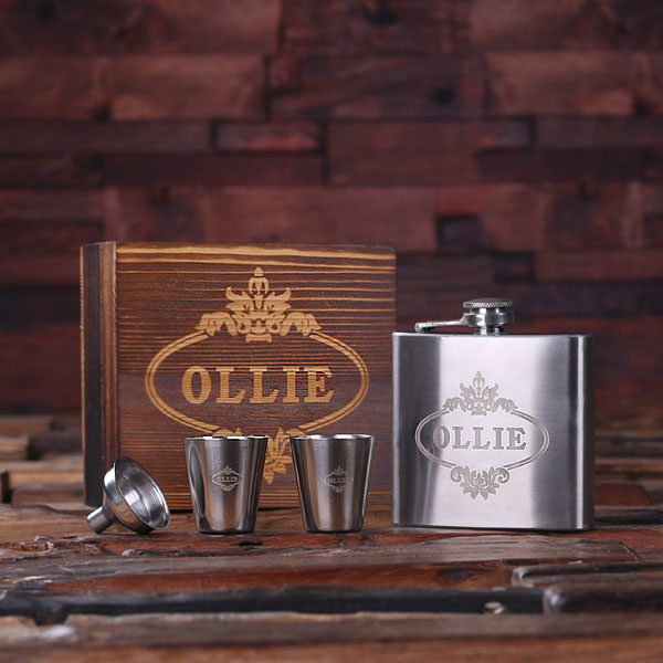 Personalized Steel Whiskey Flask & 2 Metal Shot Glasses T-025295
