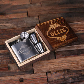 Personalized Steel Whiskey Flask & 2 Metal Shot Glasses in Engraved Wood Gift Box T-025295