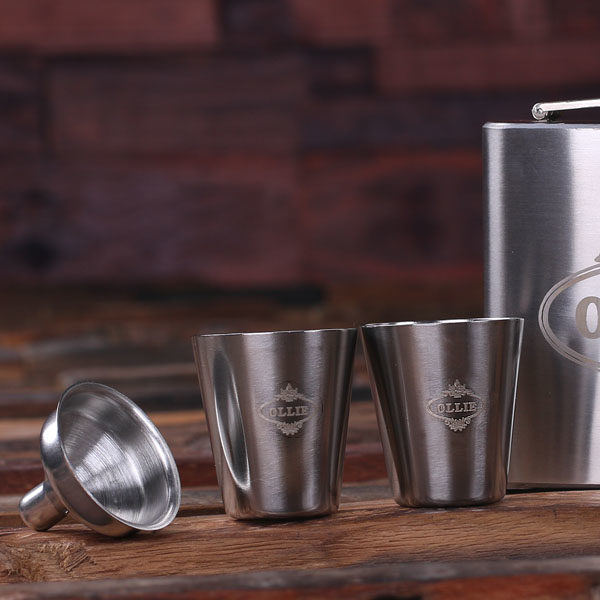 Personalized Steel Whiskey Flask with Funnel & 2 Metal Shot Glasses Closeup T-025295