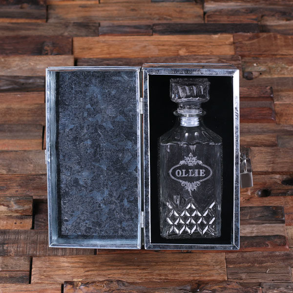 Personalized Whiskey Decanter inside Tin Lock Box T-025300