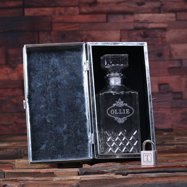 Personalized Whiskey Decanter with Tin Lock Box & Steel Lock T-025300