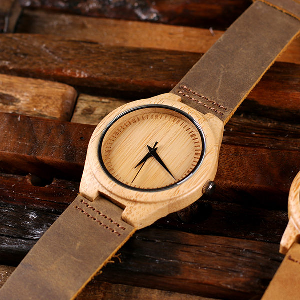 Rustic Personalized Bamboo Watch with Leather Straps T-025400-NB