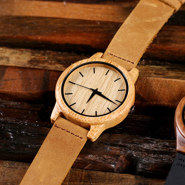 Safari Personalized Bamboo Watch with Leather Straps T-025399