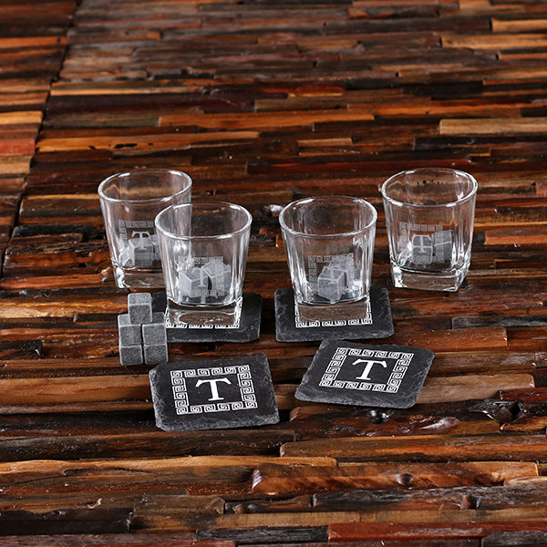 4 Slate Coasters, 4 Whiskey Glasses and 18 Sipping Stones Gift Set