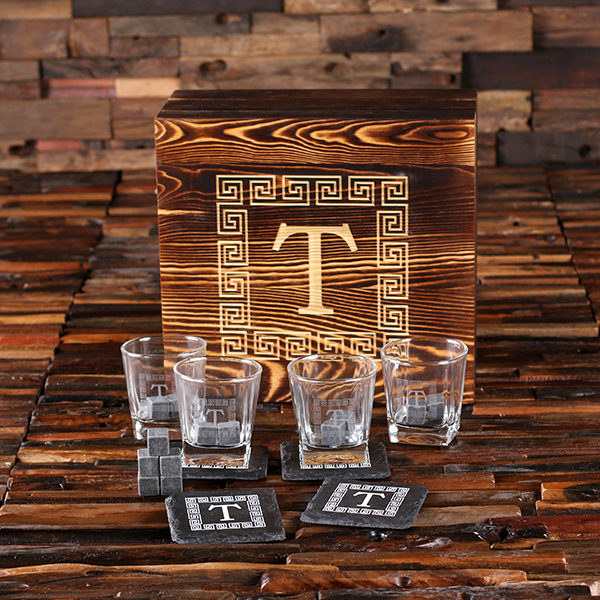4 Slate Coasters, 4 Whiskey Glasses and 18 Sipping Stones with Engraved Wood Box