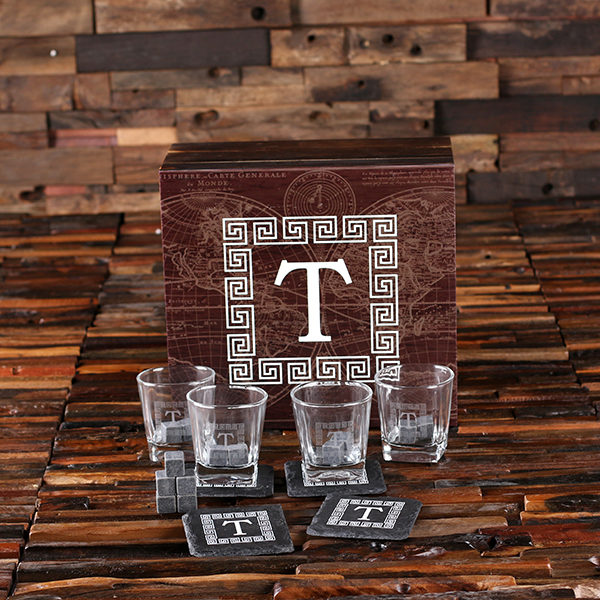 4 Slate Coasters, 4 Whiskey Glasses and 18 Sipping Stones with Engraved Printed Box