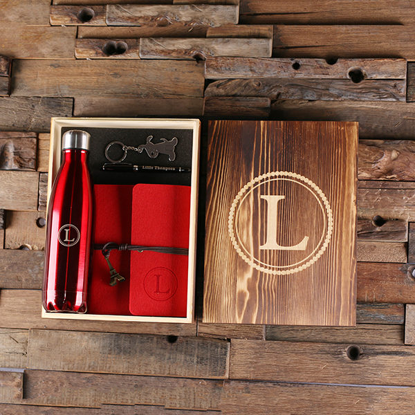 5pc Women’s Gift Set Personalized Monogramed Felt Journal, Water Bottle, Pen, Key Chain and Wood Box, Red