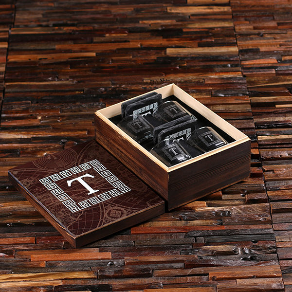 4 Whiskey Glasses and 4 Slate Coasters with Printed Wood Box