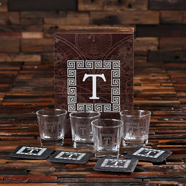 4 Whiskey Glasses and 4 Slate Coasters with Printed Wood Box