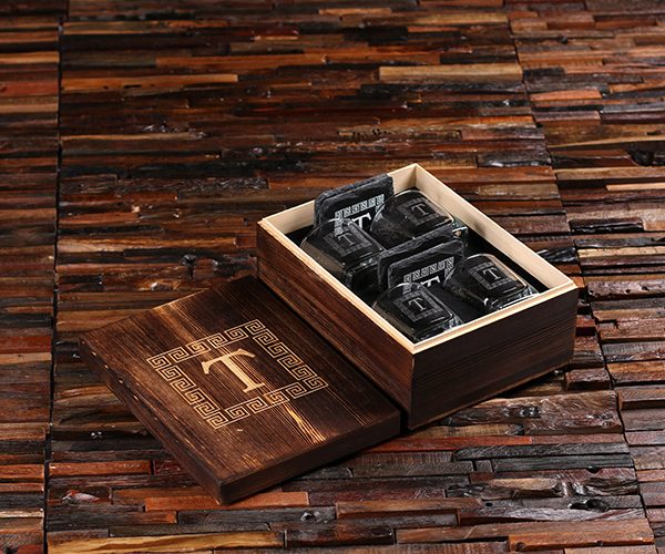4 Whiskey Glasses and 4 Slate Coasters with Engraved Wood Box