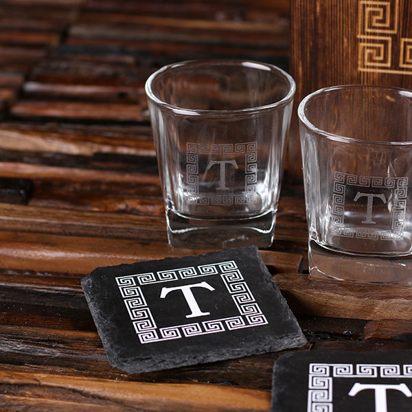 4 Whiskey Glasses and 4 Slate Coasters with Engraved Wood Box