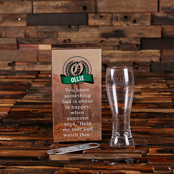 Customized Beer Pint Glass, Bottle Opener & Beer Quote Box Customized Beer Pint Glass, Bottle Opener & Beer Quote Box