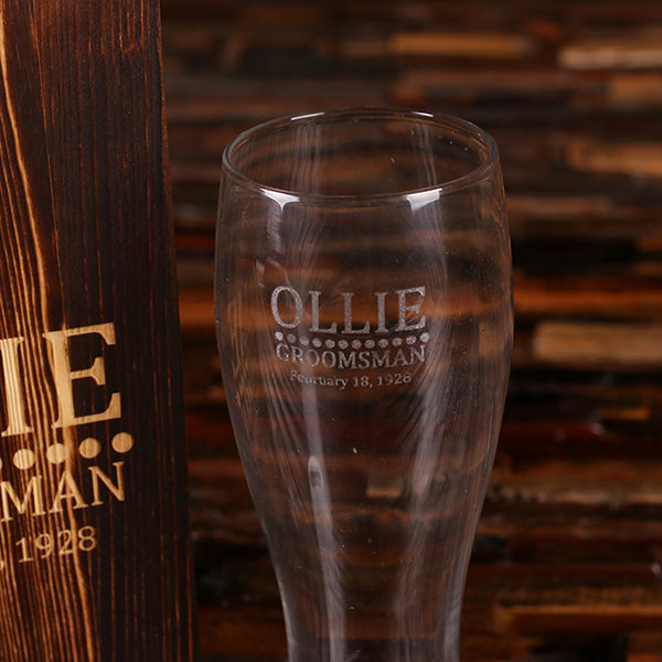 Bottle Opener and Pilsner, Pint Beer Glass with Engraved Wood Box